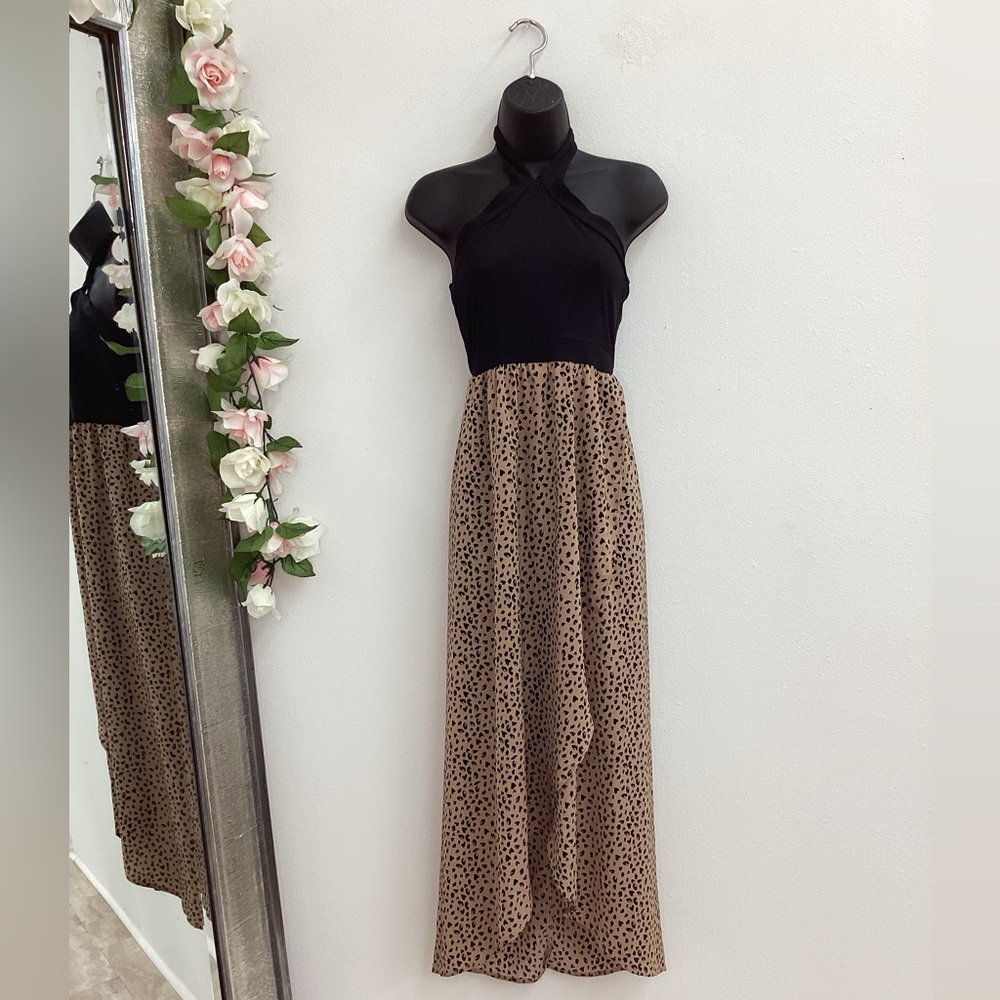 Safari tan black animal print halter A-line maxi dress